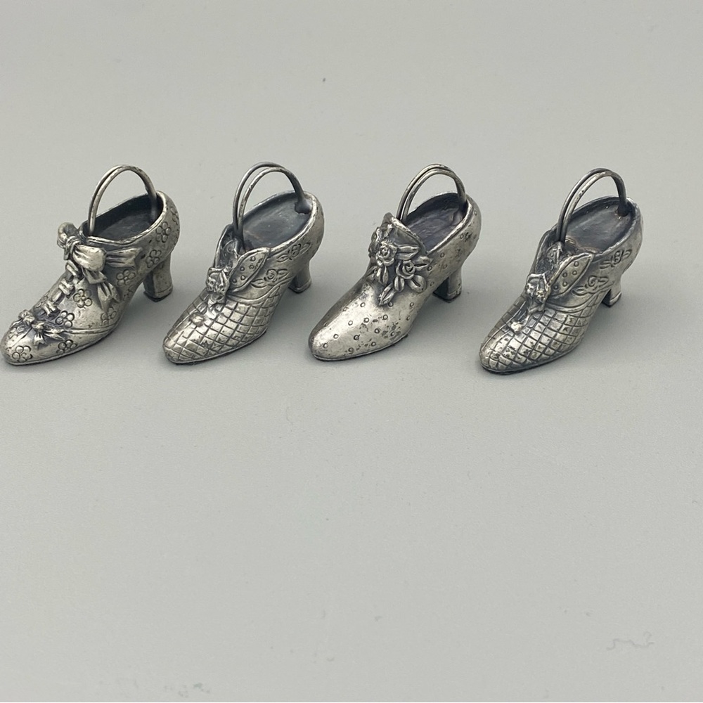Set of 4 Mini Metal, Possibly Pewter, High Heel Shoes for Place Cards, Photos